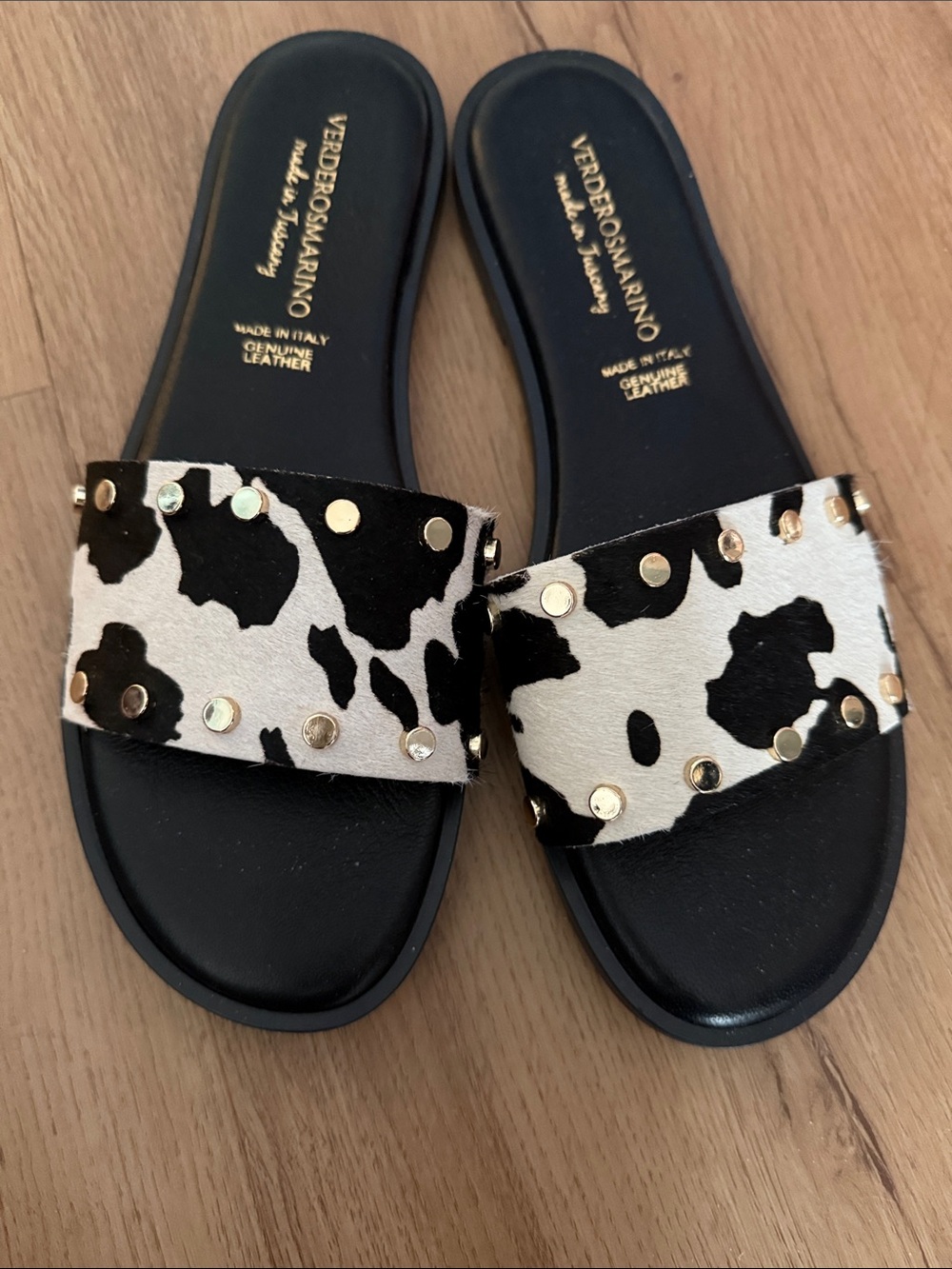 VerderosMarino Black & White Cow Print Calf Hair Slide Sandals